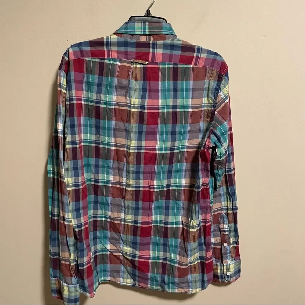 J Crew Shirt Blue Plaid Woven Indian Madras Button Down Long Sleeve- Size Large